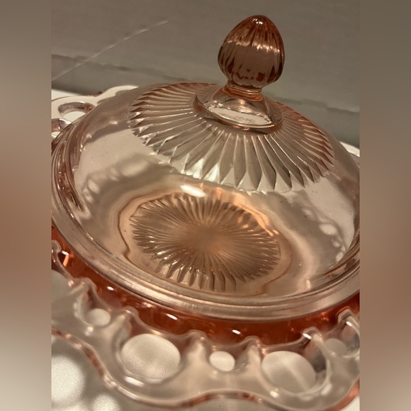 Vintage Pink Glass Dish Depression Glass Ribbed Lid w/Lace